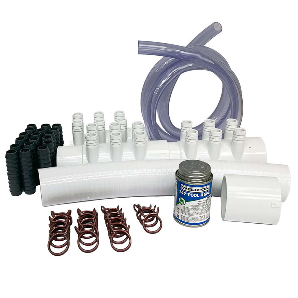 Hot Tub Manifold Kits including pipes, connectors, and adhesives for spa repair.