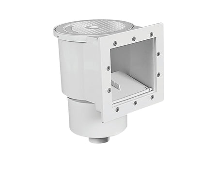 ABS Skimmer Standard Complete for above ground pools, featuring durable white construction for effective debris removal.