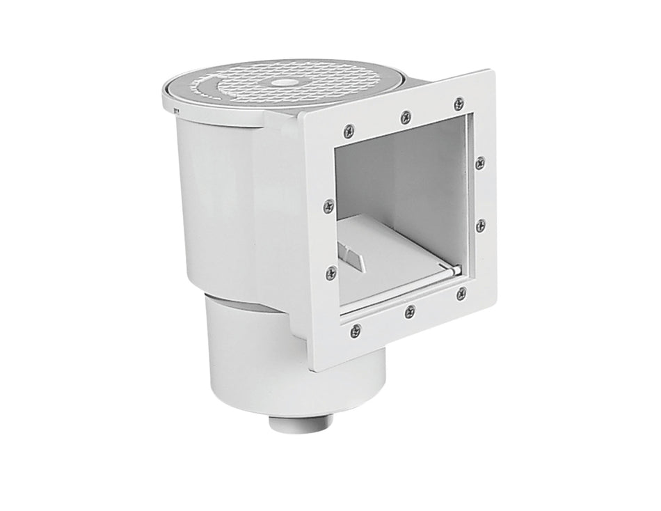ABS Skimmer Standard Complete for above ground pools, featuring durable white construction for effective debris removal.