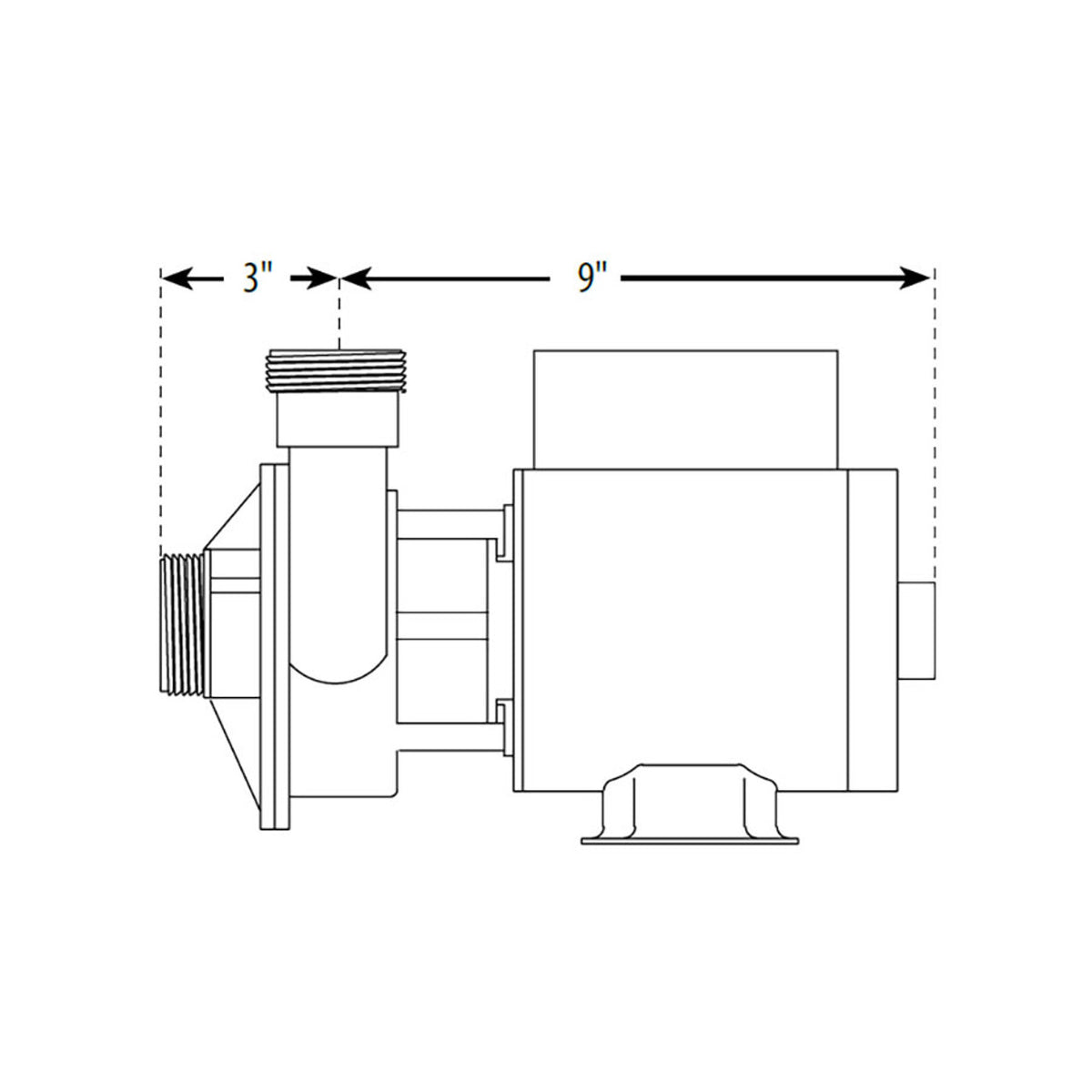Waterway Iron Might 115V Circ Pump dimensions showing a side view with 3" height and 9" length.
