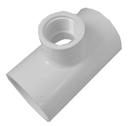 White PVC TEE 2" Slip x 2" Slip Reducing 1-1/2" FPT