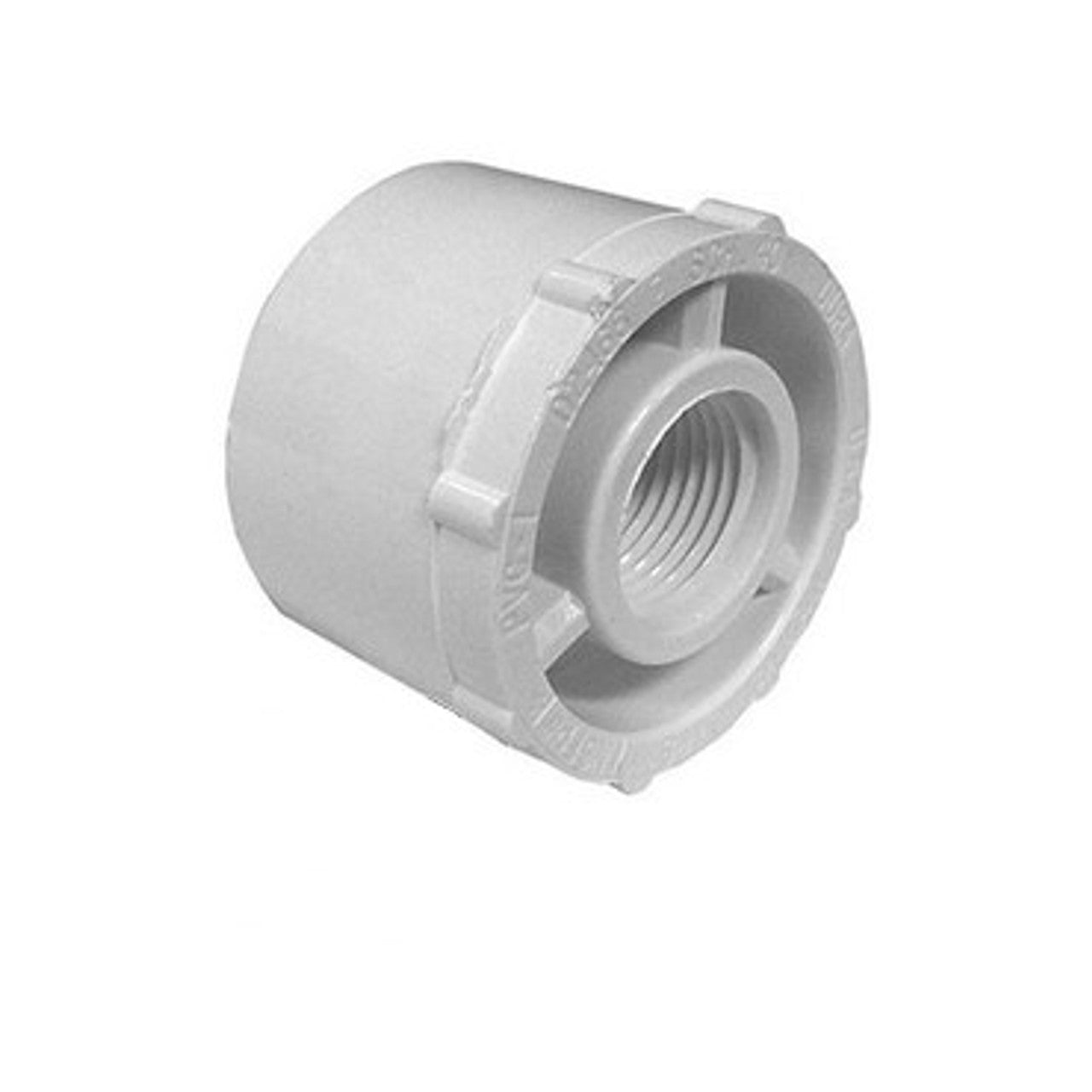 White PVC Reducer Bushing - 2" Spigot x 1-1/4" FPT