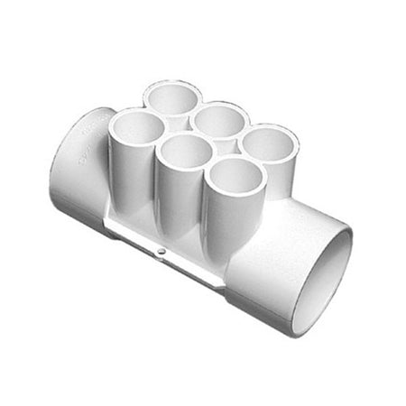 Waterway Manifold 2" S x  2" S (6) 1/2" S Ports - White plastic manifold with six slip ports and two slip ends.