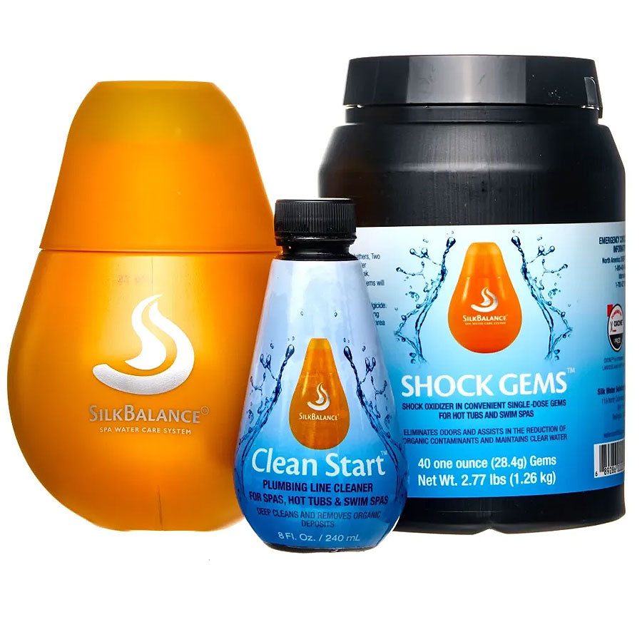 SilkBalance Water Care Clean Start, SilkBalance Spa Water Care system, and SilkBalance Shock Gems