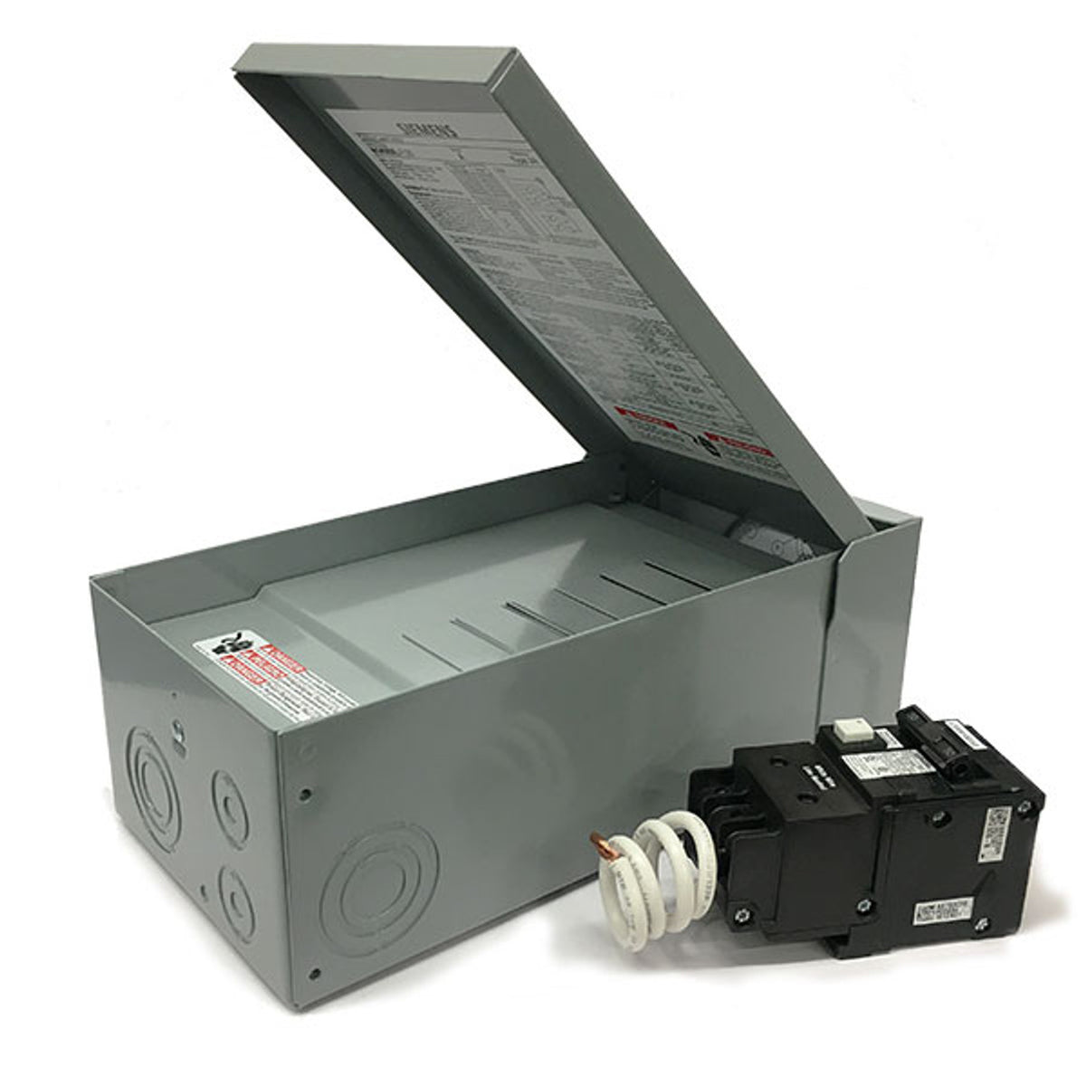 Siemens 60 Amp GFCI Breaker For Hot Tub inside a metal enclosure with lid open, showcasing wiring components.