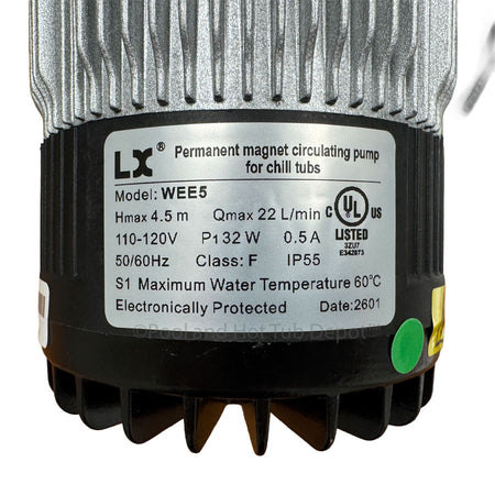 LX-E5 Circulation Pump detailed view with model specifications on the label, designed for chill tubs.