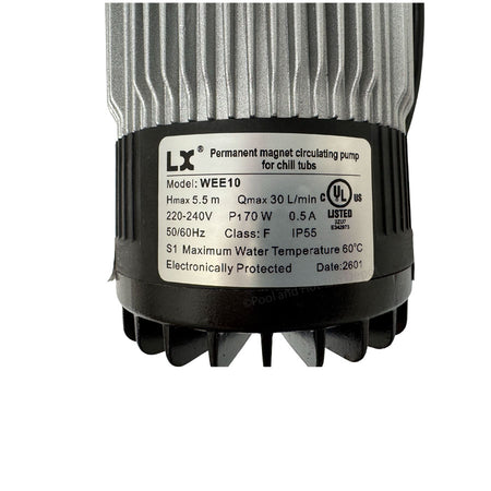 LX-E10 Circulation Pump 230V model WEE10 with specifications and features for hot tubs and chill tubs.