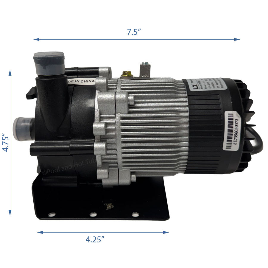 LX-E10 Circulation Pump 230V with dimensions 7.5" x 4.75" x 4.25" for hot tubs and low-flow heaters.